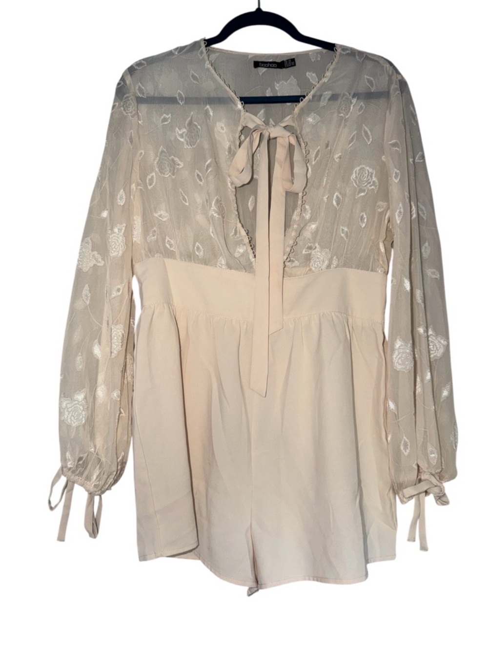 Boohoo Cream Embroidered Sheer-Sleeve Romper with Tie Neck size 10